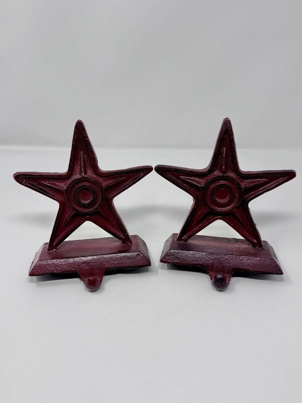 Set of (2) Maroon Red Cast Iron Star Stocking Holder Christmas Rustic Western